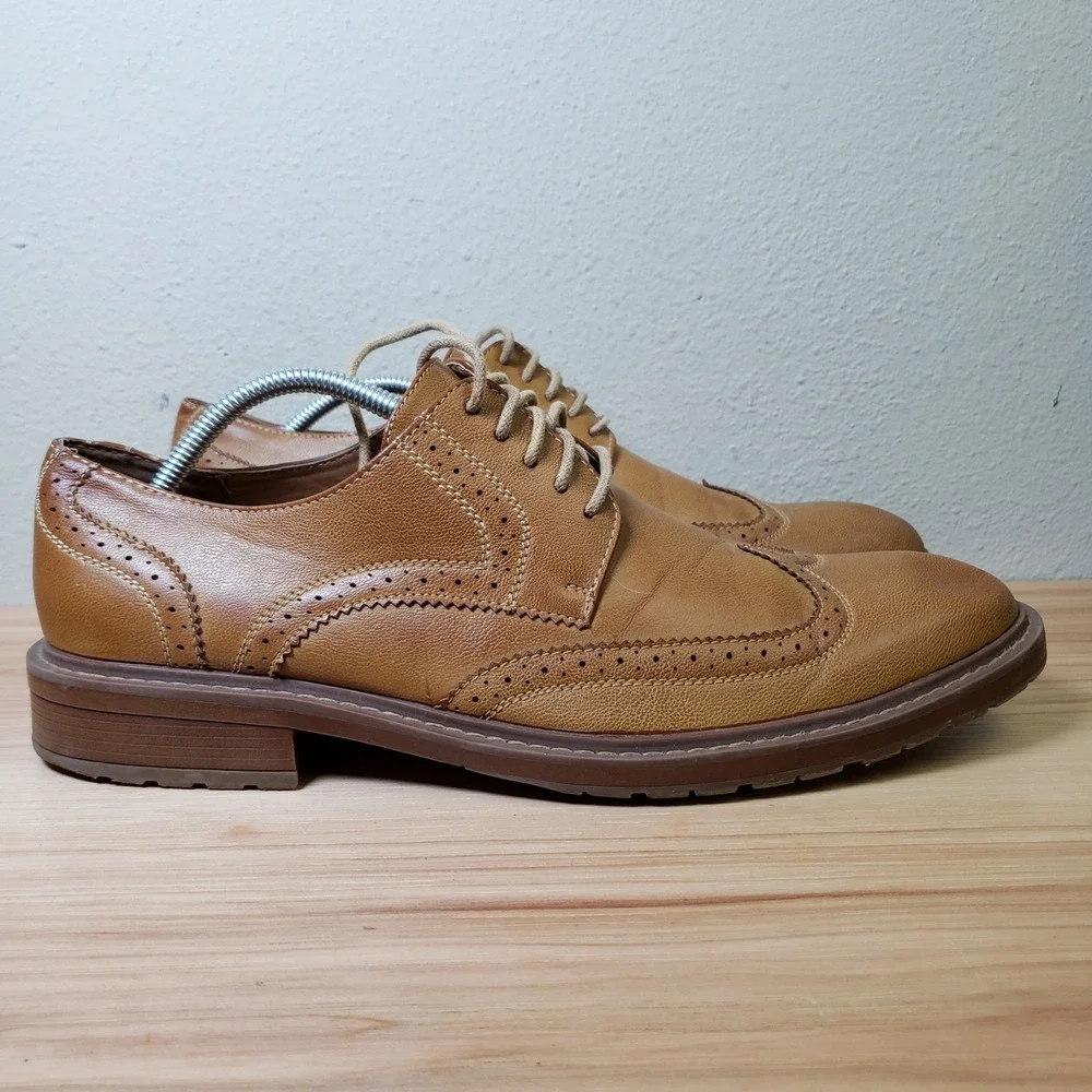 Wingtip Oxford Shoes Light Brown Borogue Perforated Faux Leather Office 11.5